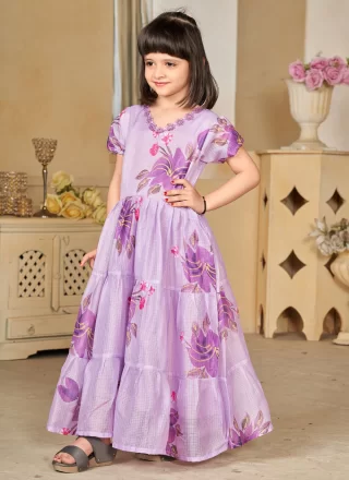Digital Print Work Fancy Fabric Gown Kids Wear In Purple