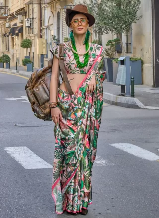Digital Print Work Georgette Satin Classic Sari In Multi Colour