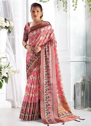 Digital Print Work Giccha Silk Classic Saree In Pink for Ceremonial