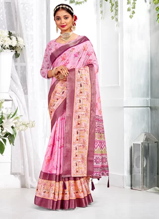 Digital Print Work Giccha Silk Classic Saree In Pink for Ceremonial