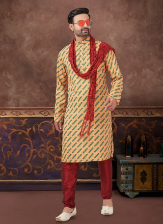 Digital Print Work Jacquard Kurta Pyjama In Yellow