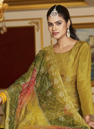 Digital Print Work Jacquard Salwar Suit In Green for Ceremonial