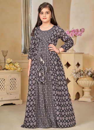 Digital Print Work Muslin Gown Kids Wear In Brown for Ceremonial