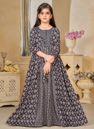 Digital Print Work Muslin Gown Kids Wear In Brown for Ceremonial