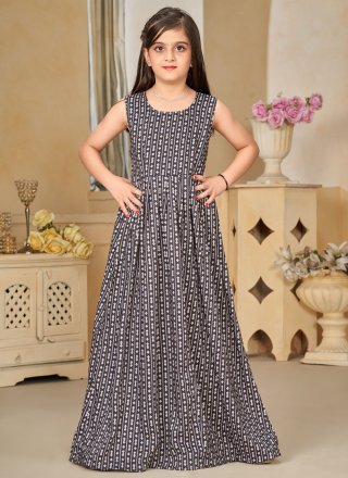 Digital Print Work Muslin Gown Kids Wear In Brown for Ceremonial