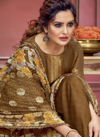 Digital Print Work Muslin Salwar Suit In Brown