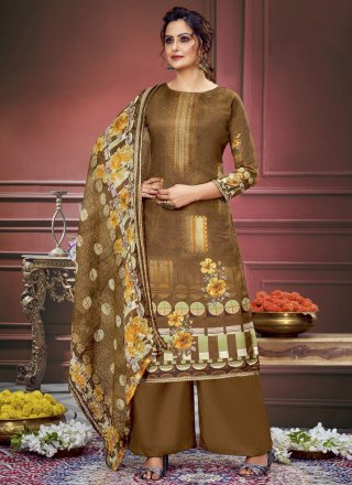 Digital Print Work Muslin Salwar Suit In Brown