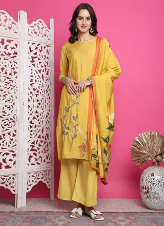 Digital Print Work Muslin Salwar Suit In Yellow