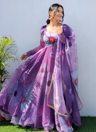 Digital Print Work Organza Designer Gown In Purple for Ceremonial