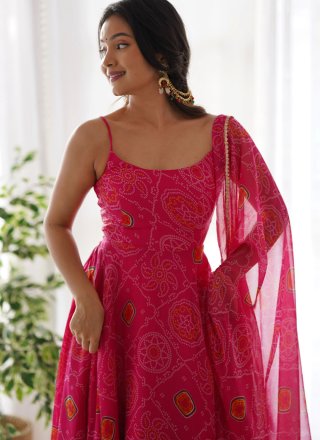 Digital Print Work Pure Chiffon Designer Gown In Rani