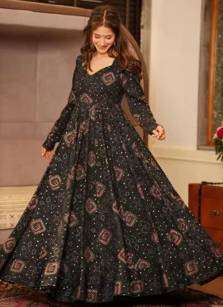 Digital Print Work Rayon  Designer Gown In Black