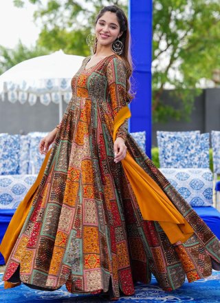 Digital Print Work Rayon  Designer Gown In Multi Colour for Ceremonial