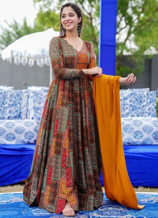 Digital Print Work Rayon  Designer Gown In Multi Colour for Ceremonial