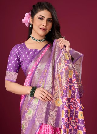 Digital Print Work Satin Contemporary Sari In Pink