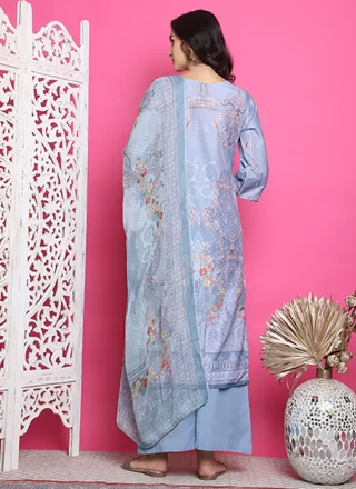 Digital Print Work Satin Salwar Suit In Blue for Ceremonial