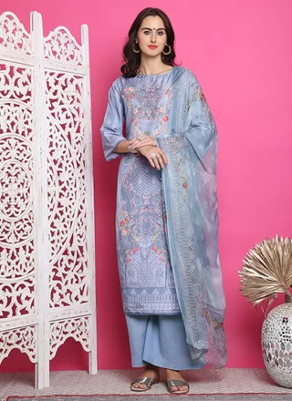 Digital Print Work Satin Salwar Suit In Blue for Ceremonial