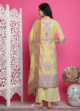 Digital Print Work Satin Salwar Suit In Yellow