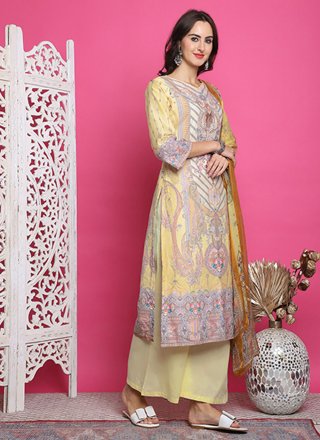 Digital Print Work Satin Salwar Suit In Yellow