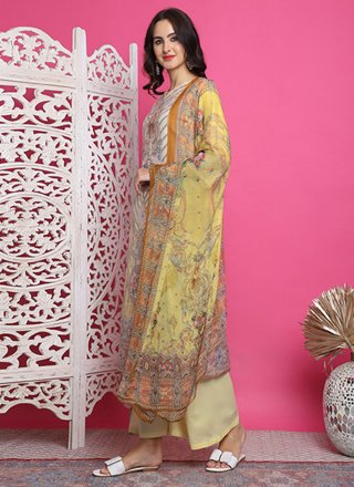 Digital Print Work Satin Salwar Suit In Yellow