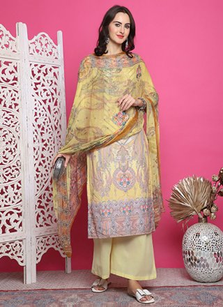 Digital Print Work Satin Salwar Suit In Yellow
