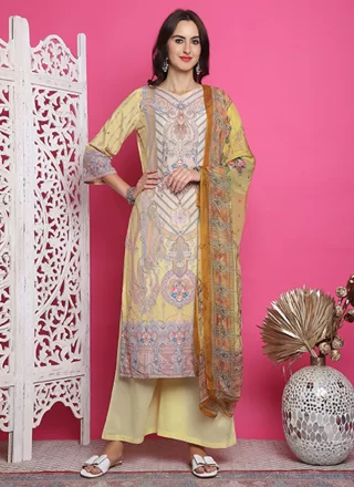 Digital Print Work Satin Salwar Suit In Yellow