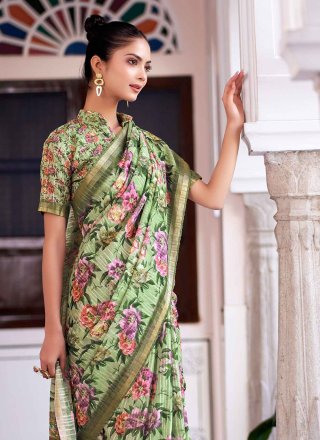 Digital Print Work Silk Designer Sari In Green