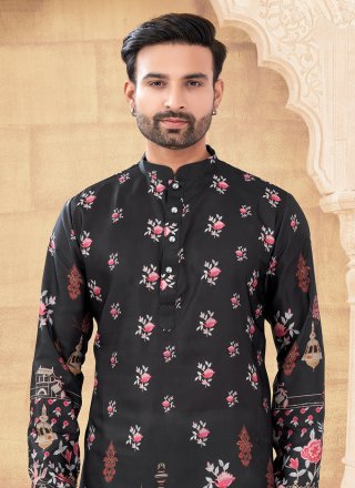 Digital Print Work Silk Kurta Pyjama In Black