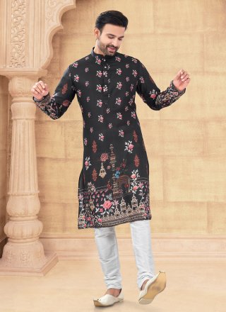 Digital Print Work Silk Kurta Pyjama In Black