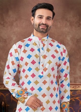 Digital Print Work Silk Kurta Pyjama In Off White