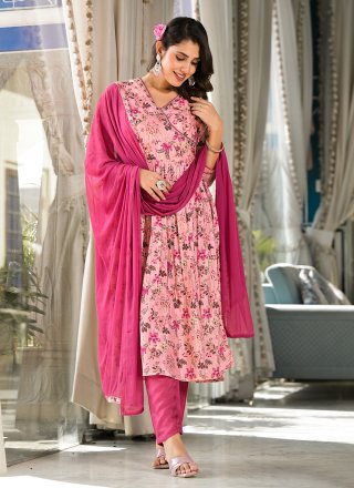 Digital Print Work Silk Readymade Salwar Suit In Pink