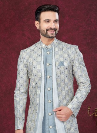 Dignified Grey Banarasi Silk Sherwani Mens Wear with Machine Embroidery and Thread Work