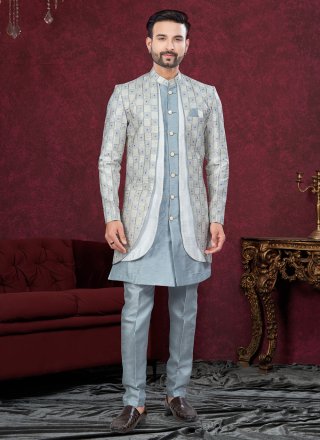 Dignified Grey Banarasi Silk Sherwani Mens Wear with Machine Embroidery and Thread Work