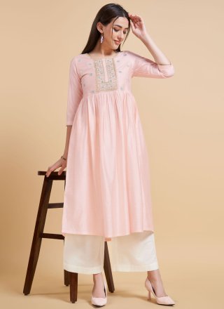 Dignified Pink Silk Party Wear Kurti with Embroidered Work
