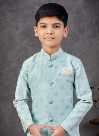 Dilettante Aqua Blue Banarasi Silk Indo Western Sherwani
