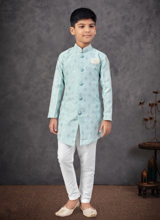 Dilettante Aqua Blue Banarasi Silk Indo Western Sherwani