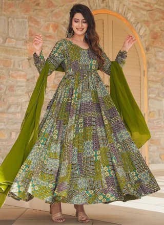 Dilettante Green Rayon  Designer Gown with Digital Print Work