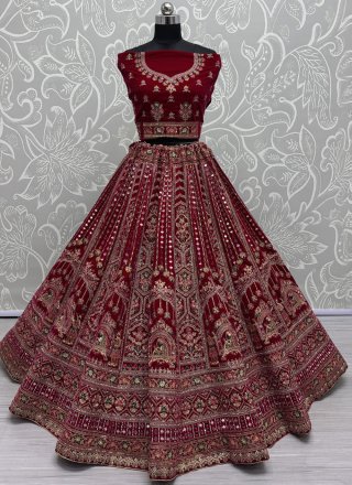 Dimond, Dori, Embroidered, Fancy, Mirror, Sequins, Thread and Zari Work Velvet Lehenga Choli In Rani and Red