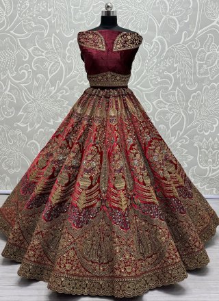 Dimond, Dori, Embroidered, Fancy, Sequins and Thread Work Velvet Lehenga Choli In Red