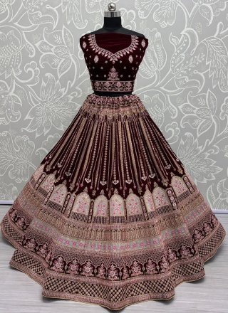 Dimond, Dori, Embroidered, Fancy, Sequins, Thread and Zari Work Velvet Lehenga Choli In Maroon