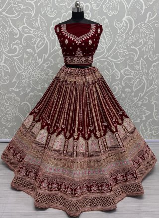 Dimond, Dori, Embroidered, Fancy, Sequins, Thread and Zari Work Velvet Lehenga Choli In Maroon and Red