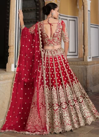Dimond, Embroidered and Sequins Work Net Lehenga Choli In Red