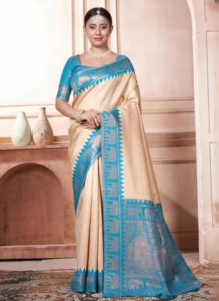 Distinctive Blue and Cream Kanjivaram Silk Trendy Saree