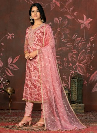 Distinctively Peach Organza Salwar Suit with Hand and Woven Work