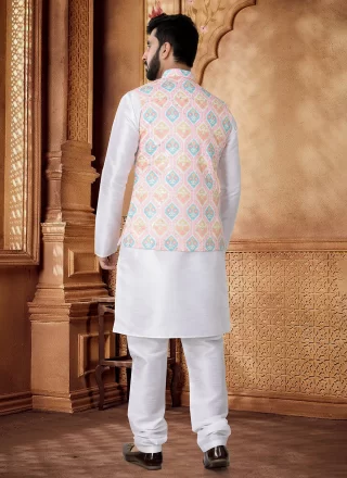 Distinctively Pink and White Cotton Kurta Payjama with Jacket