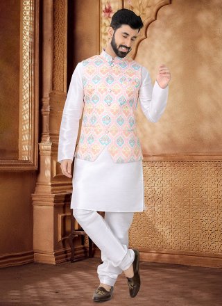 Distinctively Pink and White Cotton Kurta Payjama with Jacket