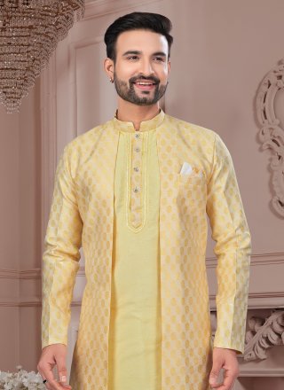 Distinctively Yellow Jacquard Silk Indo Western with Buttons, Sequins and Thread Work