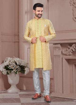 Distinctively Yellow Jacquard Silk Indo Western with Buttons, Sequins and Thread Work