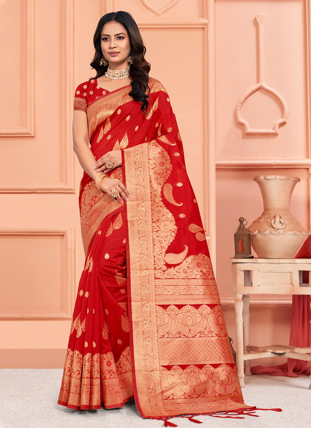 Silk Traditional Saree in Red deals and Maroon with Weaving work