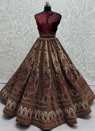 Dori, Embroidered, Fancy, Patch Border, Thread and Zari Work Velvet Lehenga Choli In Beige for Bridal