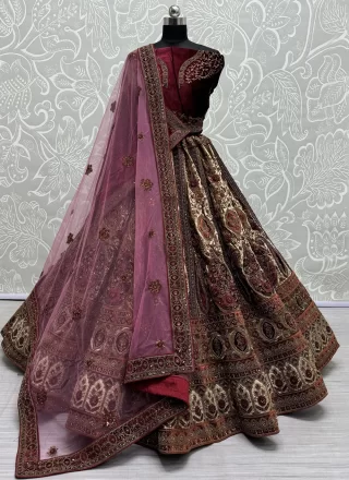 Dori, Embroidered, Fancy, Patch Border, Thread and Zari Work Velvet Lehenga Choli In Beige for Bridal